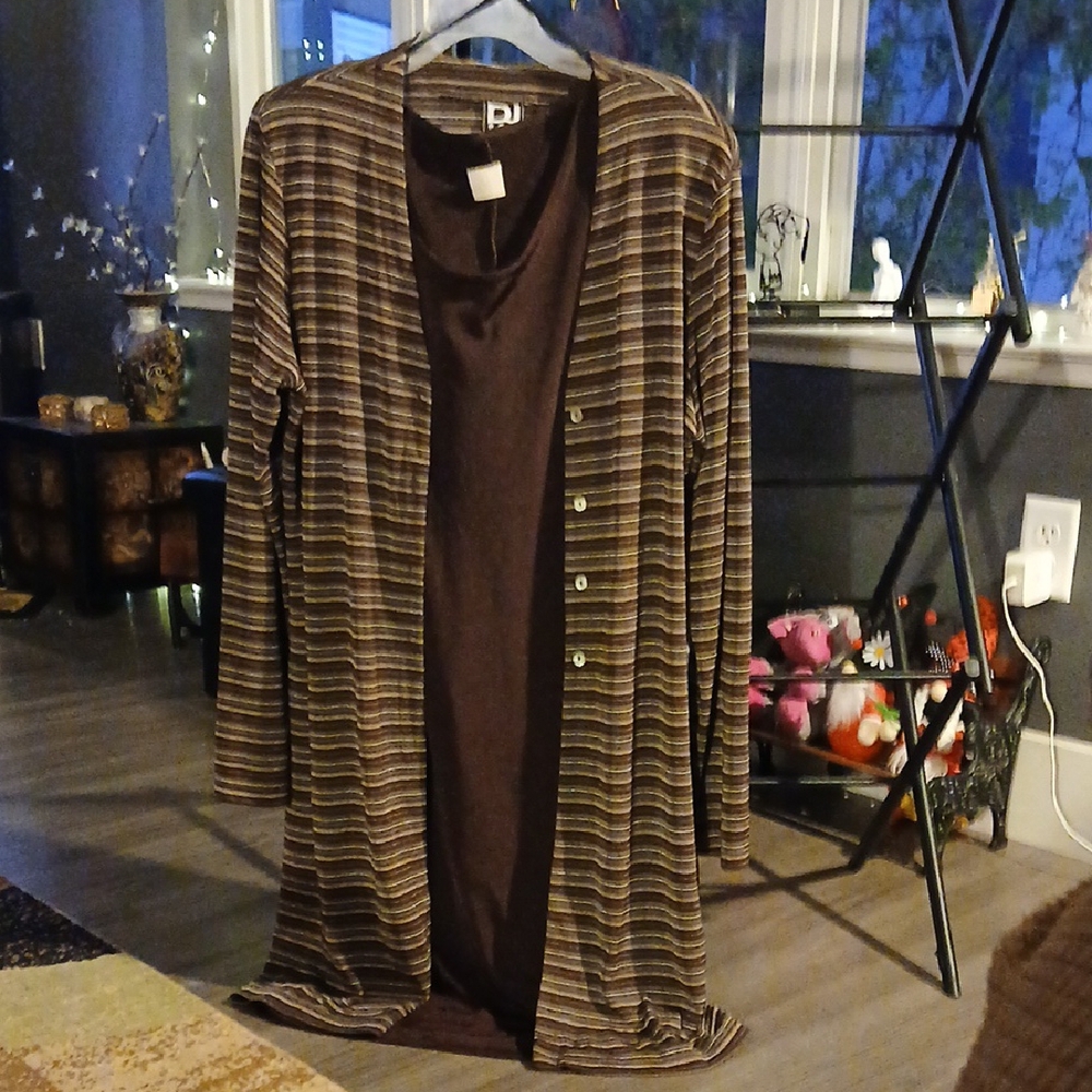 Striped Long Cardigan and Dress Set